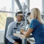 Una optometrista con uniforme azul examina los ojos de un paciente masculino utilizando una maquinaria en una oficina luminosa y moderna con grandes ventanas.