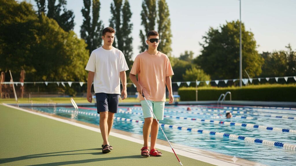 Un adolescente camina junto a un adulto al borde de una piscina olímpica al aire libre en un día soleado. El joven sostiene un bastón blanco mientras avanza con cuidado, acompañado por un hombre que lo observa con atención. Ambos visten ropa de verano y caminan sobre una superficie de cemento junto al agua brillante. Al fondo se ven árboles frondosos y personas nadando, bajo una luz cálida de tarde que genera un ambiente tranquilo e inclusivo.