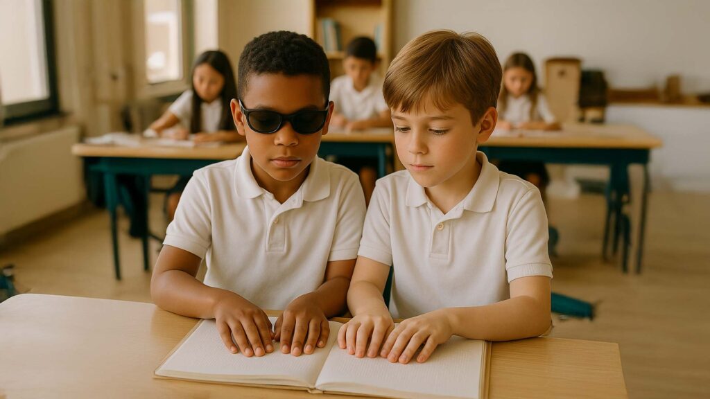 Dos niños con polos blancos leen juntos un libro en braille en un aula luminosa; el de la izquierda usa gafas oscuras y su compañero lo acompaña atento.