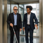 Dos hombres de negocios salen de un ascensor moderno y luminoso. El hombre a la izquierda, no vidente, usa bastón blanco y gafas oscuras, mientras su compañero a la derecha le indica el camino con un gesto amable. Ambos visten trajes formales y están en un entorno corporativo acristalado con luz natural, transmitiendo inclusión y trabajo colaborativo.