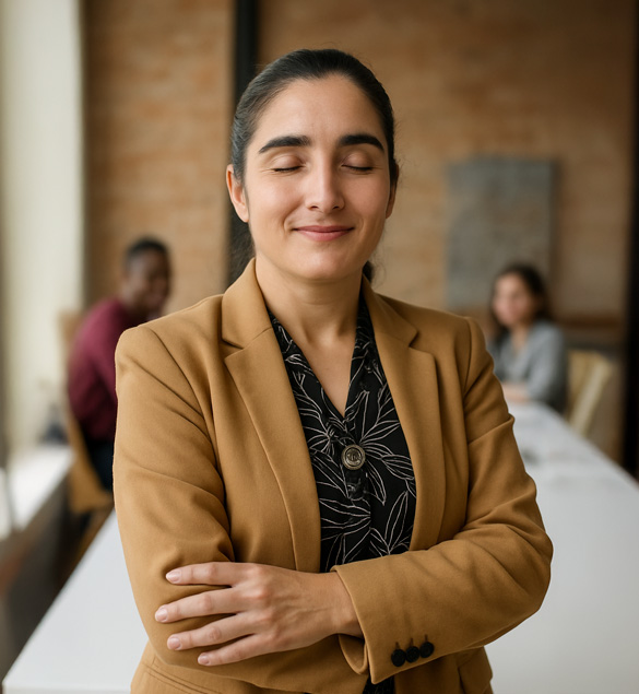 Mujer ciega con piel clara, sonriendo serenamente mientras se encuentra en una oficina moderna, vestida con un blazer color camel y blusa oscura con patr&oacute;n bot&aacute;nico. Su cabello oscuro est&aacute; recogido en un mo&ntilde;o, y tiene una postura confiada, con los brazos cruzados. El fondo muestra un ambiente de oficina con paredes de ladrillo y compa&ntilde;eros desenfocados en la distancia.